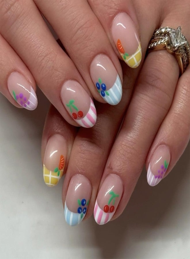 HJKDSFD Summer Press on Nails Short Almond Fake Nails Cute Cartoon Fruit Stick on Nails French Tip Glue on Nails Glossy False Nails Full Cover Acrylic Nails Press on Reusable Nails for Women Girls 24PCS - Image 1